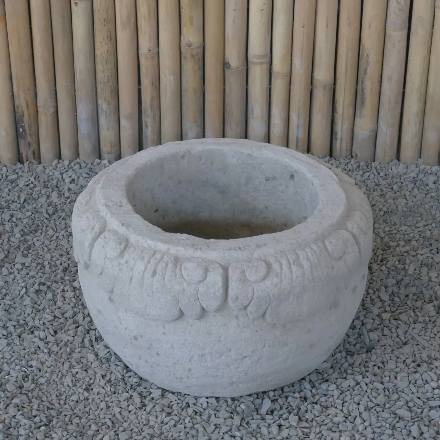  Product image 6 of the product “Balinese style flat round pot, with carving - 60 cm Dia., 35cm Height, Taro sand ”